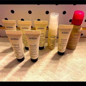 7 Aveda samples and one 1.7 fll oz cherry almond Aveda body lotion all new